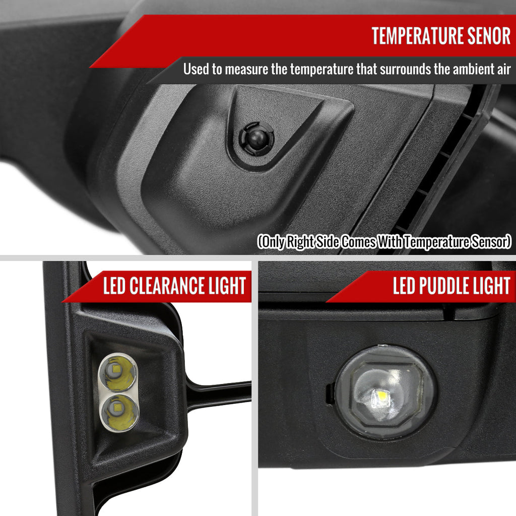 2019-2025 GMC Sierra 1500 Power Adjustable, Heated, & Manual Extendable Black Towing Mirrors w/ Clear Lens LED Turn Signal & Clearance Lights