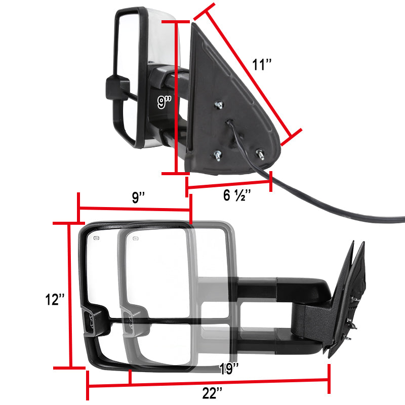 2002-2007 Chevrolet Silverado/Suburban/Tahoe/Avalanche GMC Sierra/Yukon/Yukon XL Power Heated Chrome Towing Mirrors w/ Smoked Lens LED Turn Signal & Clearance Lights