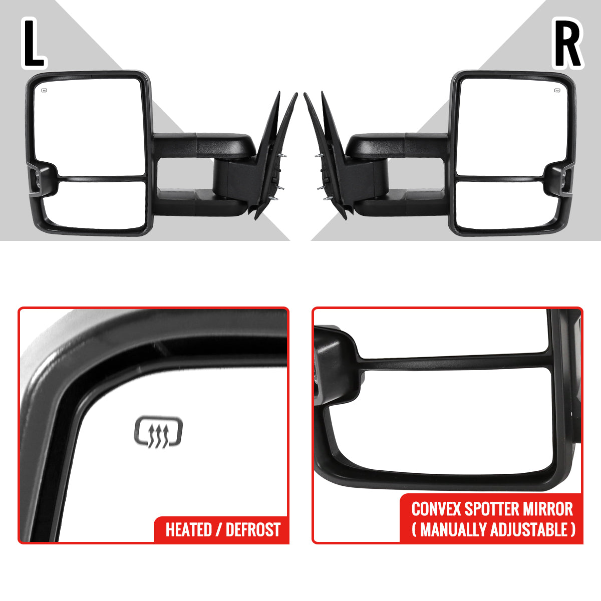 2002-2007 Chevrolet Silverado/Suburban/Tahoe/Avalanche GMC Sierra/Yukon/Yukon XL Power Heated Towing Mirrors w/ Amber Lens LED Turn Signal & Clearance Lights
