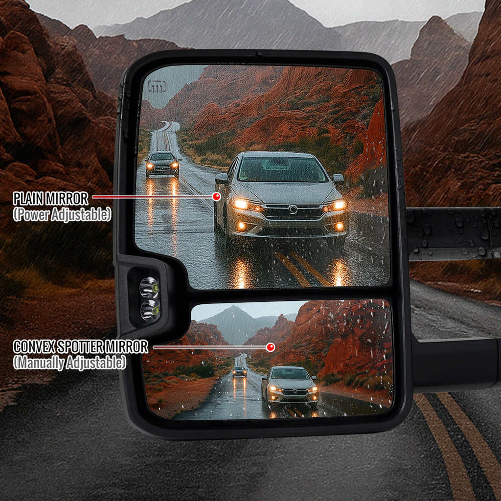 2002-2007 Chevrolet Silverado / Suburban / Tahoe / Avalanche GMC Sierra / Yukon / Yukon XL Power Adjustable, Heated, & Manual Extendable Towing Mirrors w/ Smoked Lens LED Turn Signal & Clearance Lights