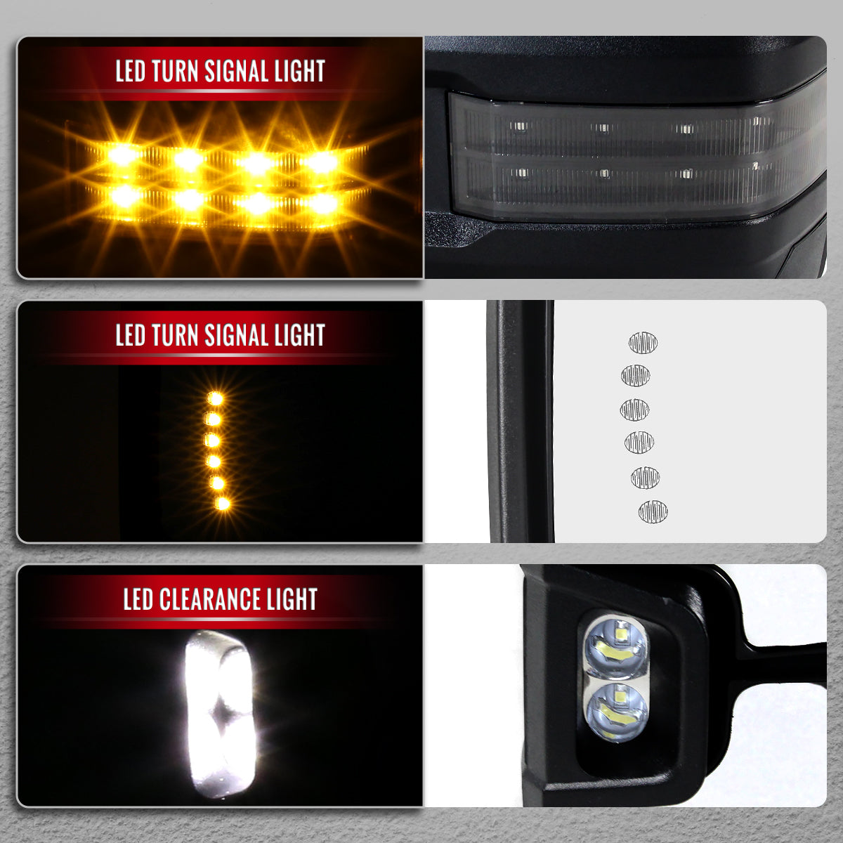 2002-2007 Chevrolet Silverado / Suburban / Tahoe / Avalanche GMC Sierra / Yukon / Yukon XL Power Adjustable, Heated, & Manual Extendable Towing Mirrors w/ Smoked Lens LED Turn Signal & Clearance Lights