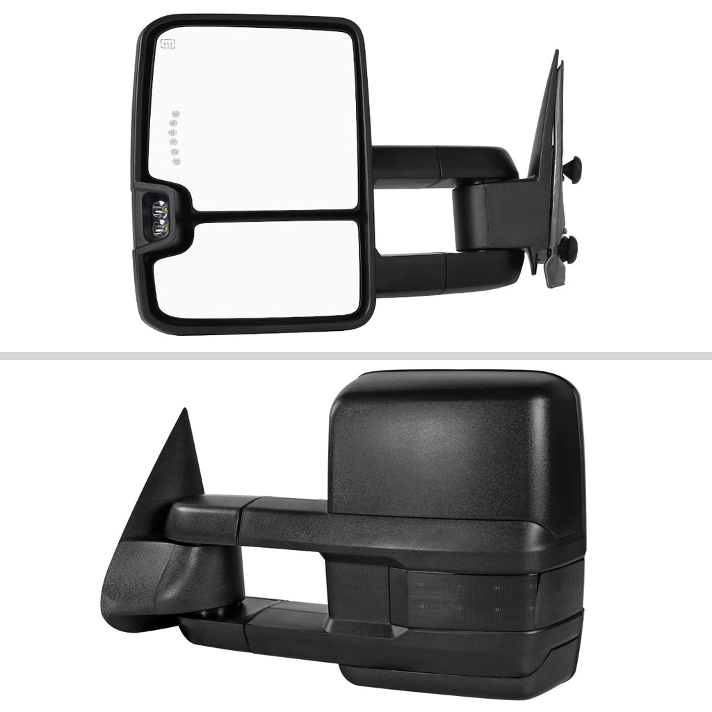 2002-2007 Chevrolet Silverado / Suburban / Tahoe / Avalanche GMC Sierra / Yukon / Yukon XL Power Adjustable, Heated, & Manual Extendable Towing Mirrors w/ Smoked Lens LED Turn Signal & Clearance Lights