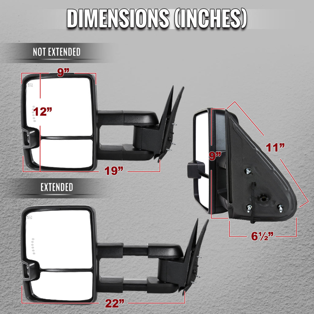 2002-2007 Chevrolet Silverado / Suburban / Tahoe / Avalanche GMC Sierra / Yukon / Yukon XL Power Heated Towing Mirrors w/ Smoked Lens LED Turn Signal & Clearance Lights