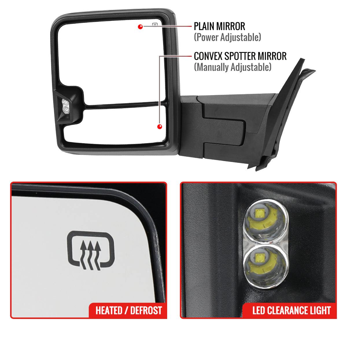 2007-2013 GMC Sierra Silverado 1500 Power Adjustable, Heated, & Manual Extendable Towing Mirrors w/ Smoked Lens LED DRL, Turn Signal and Clearance Lights