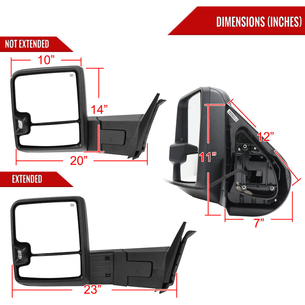 2007-2013 GMC Sierra Silverado 1500 Power Adjustable, Heated, & Manual Extendable Towing Mirrors w/ Smoked Lens LED DRL, Turn Signal and Clearance Lights
