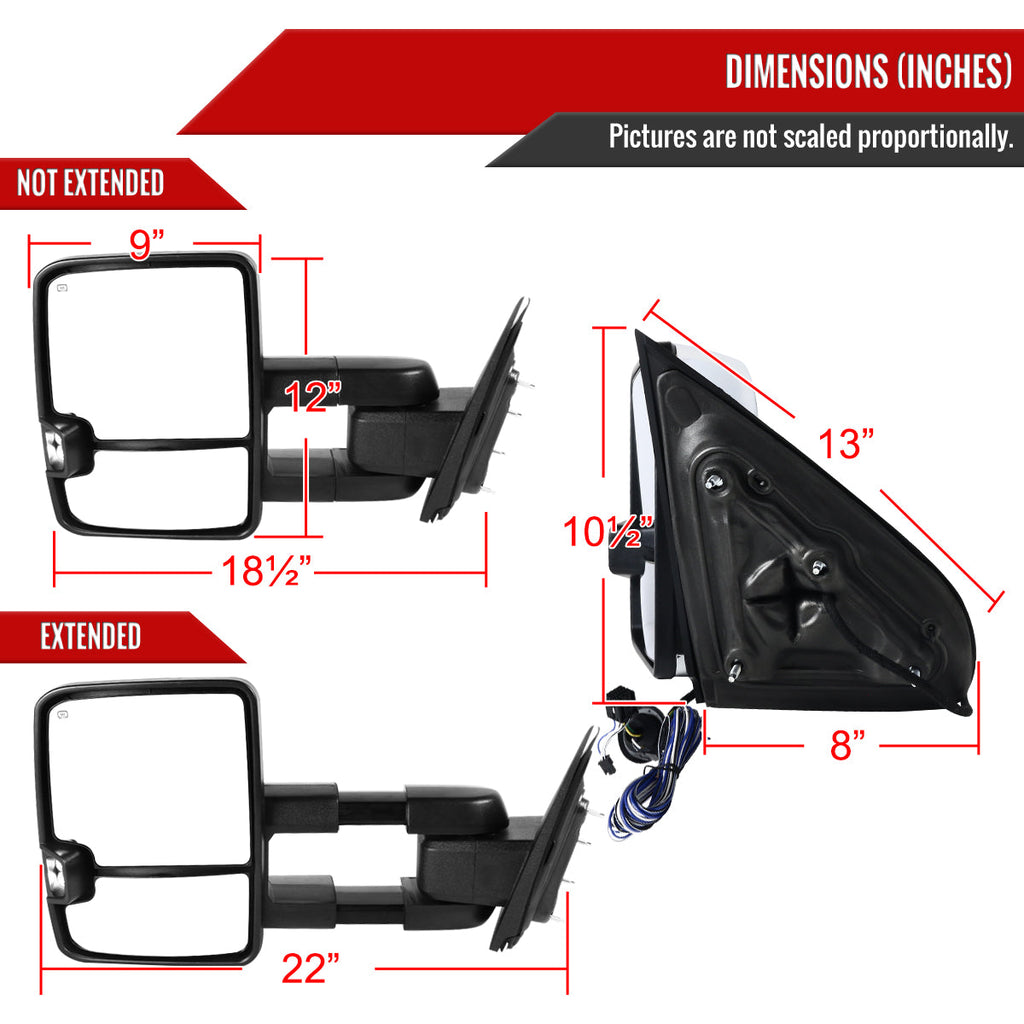 2014-2016 Chevrolet Silverado/GMC Sierra Power Heated ATS Manual Extendable Chrome Towing Mirrors w/ Smoked Lens LED Turn Signal & Clearance Lights