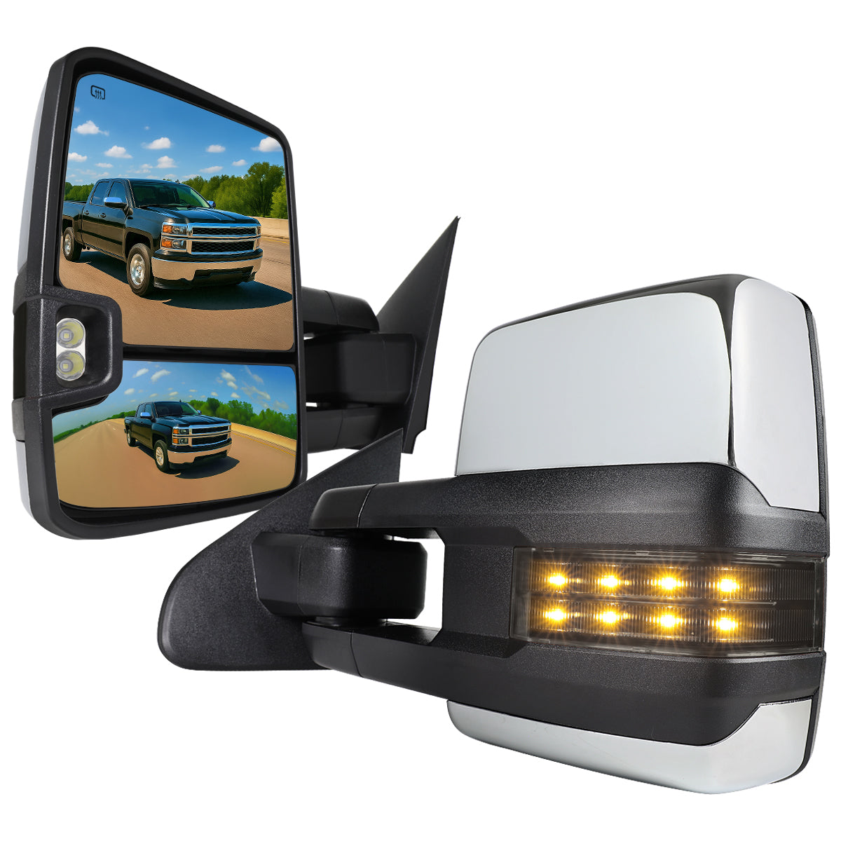 2014-2016 Chevrolet Silverado/GMC Sierra Power Heated ATS Manual Extendable Chrome Towing Mirrors w/ Smoked Lens LED Turn Signal & Clearance Lights