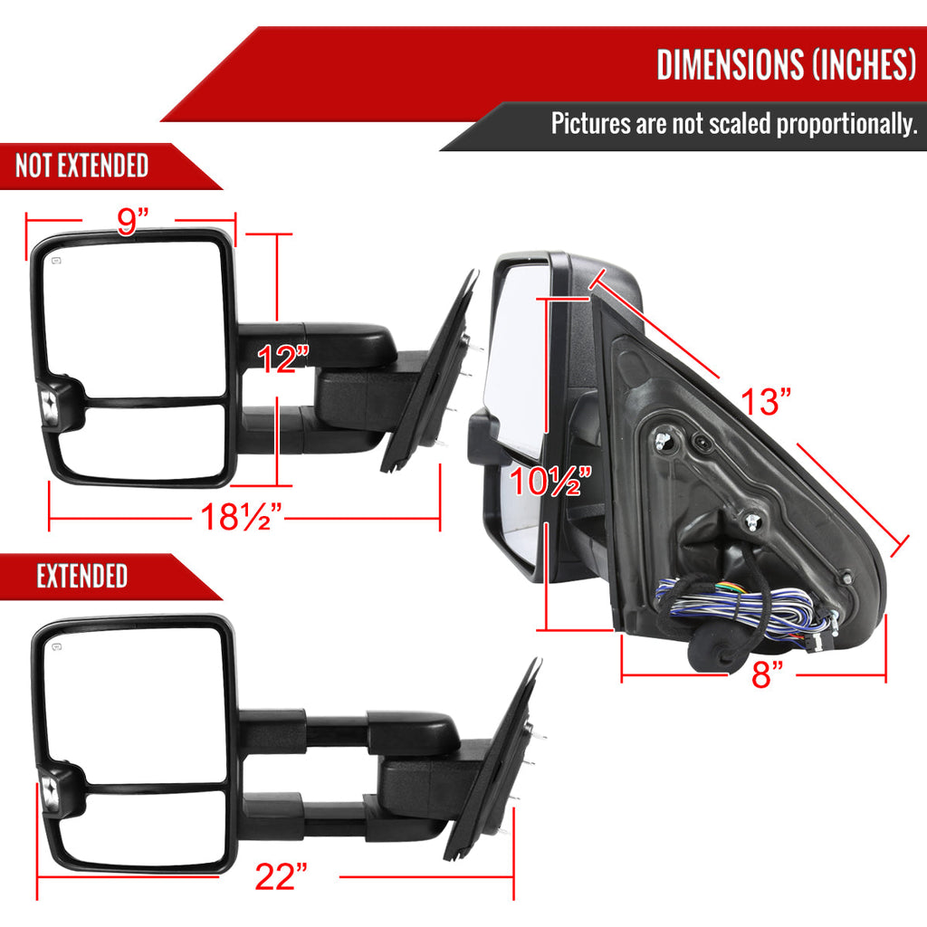 2014-2016 Chevrolet Silverado/GMC Sierra Power Heated ATS Manual Extendable Towing Mirrors w/ Amber Lens LED Turn Signal & Clearance Lights