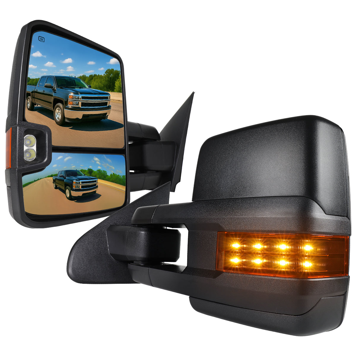2014-2016 Chevrolet Silverado/GMC Sierra Power Heated ATS Manual Extendable Towing Mirrors w/ Amber Lens LED Turn Signal & Clearance Lights