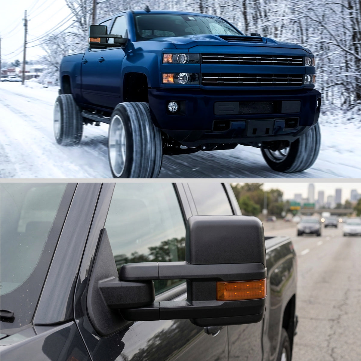 2014-2018 Chevrolet Silverado / GMC Sierra Power Heated Manual Extendable Towing Mirrors w/ Smoked Lens LED Turn Signal & Clearance Lights