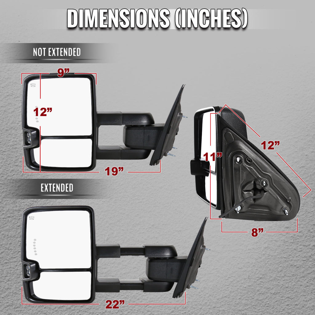 2014-2018 Chevrolet Silverado / GMC Sierra Power Heated Manual Extendable Towing Mirrors w/ Smoked Lens LED Turn Signal & Clearance Lights