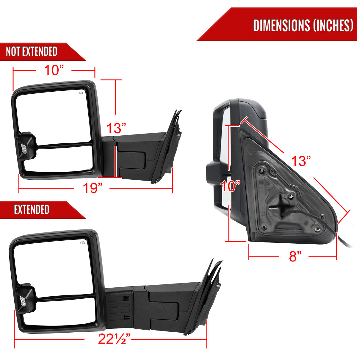 2014-2018 Silverado Sierra 1500 1500 Power Adjustable, Heated, & Manual Extendable Towing Mirrors w/ Smoked Lens LED DRL, Turn Signal and Clearance Lights