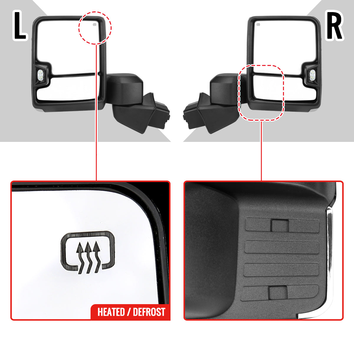 2019-2025 Chevrolet Silverado 1500 Power Adjustable, Heated, & Manual Extendable Chrome Towing Mirrors w/ Smoked Lens LED Turn Signal & Clearance Lights