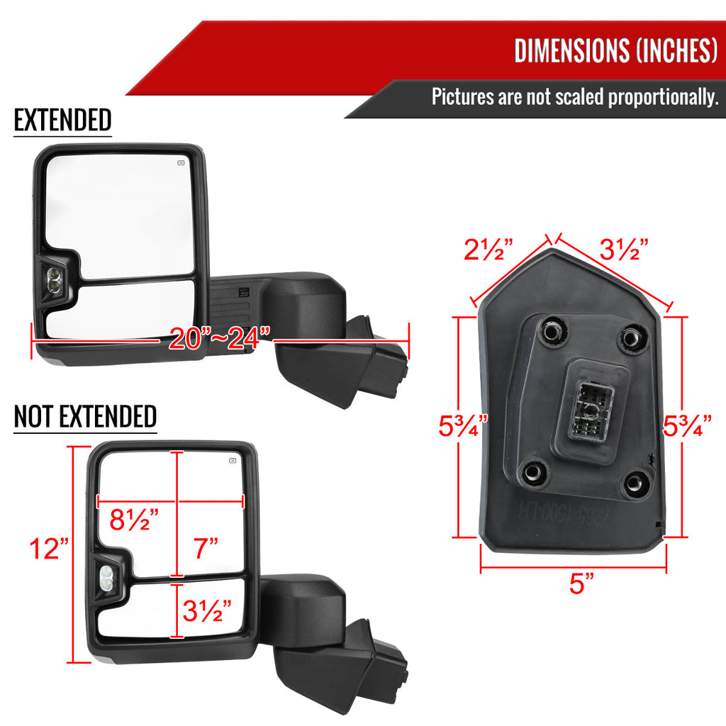 2019-2025 Chevrolet Silverado 1500 Power Adjustable, Heated, & Manual Extendable Chrome Towing Mirrors w/ Clear Lens LED Turn Signal & Clearance Lights