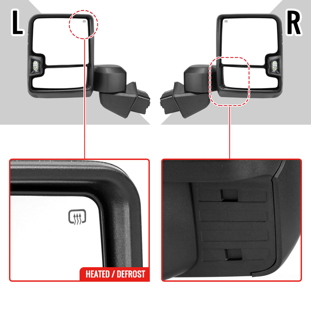 2019-2025 Chevrolet Silverado 1500 Power Adjustable, Heated, and Manual Extendable Black Towing Mirrors with Clear Lens LED Turn Signal & Clearance Lights