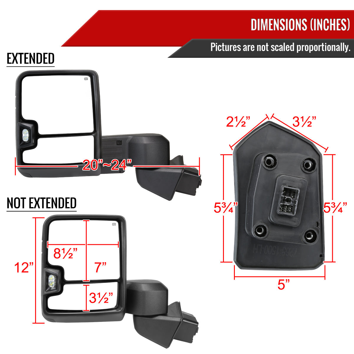 2019-2025 Chevrolet Silverado 1500 Power Adjustable, Heated, and Manual Extendable Black Towing Mirrors with Clear Lens LED Turn Signal & Clearance Lights