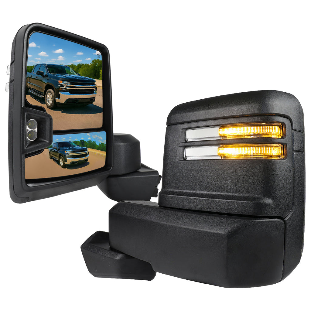 2019-2025 Chevrolet Silverado 1500 Power Adjustable, Heated, and Manual Extendable Black Towing Mirrors with Clear Lens LED Turn Signal & Clearance Lights