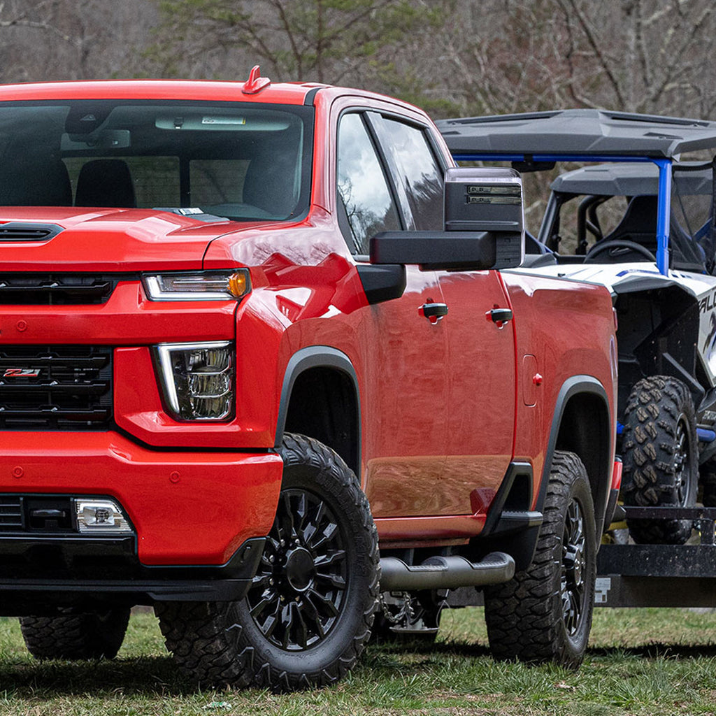 2020-2025 Chevrolet Silverado/GMC Sierra 2500HD/3500HD Power Adjustable, Heated, & Manual Extendable Chrome Towing Mirrors w/ Smoked Lens LED Turn Signal & Clearance Lights