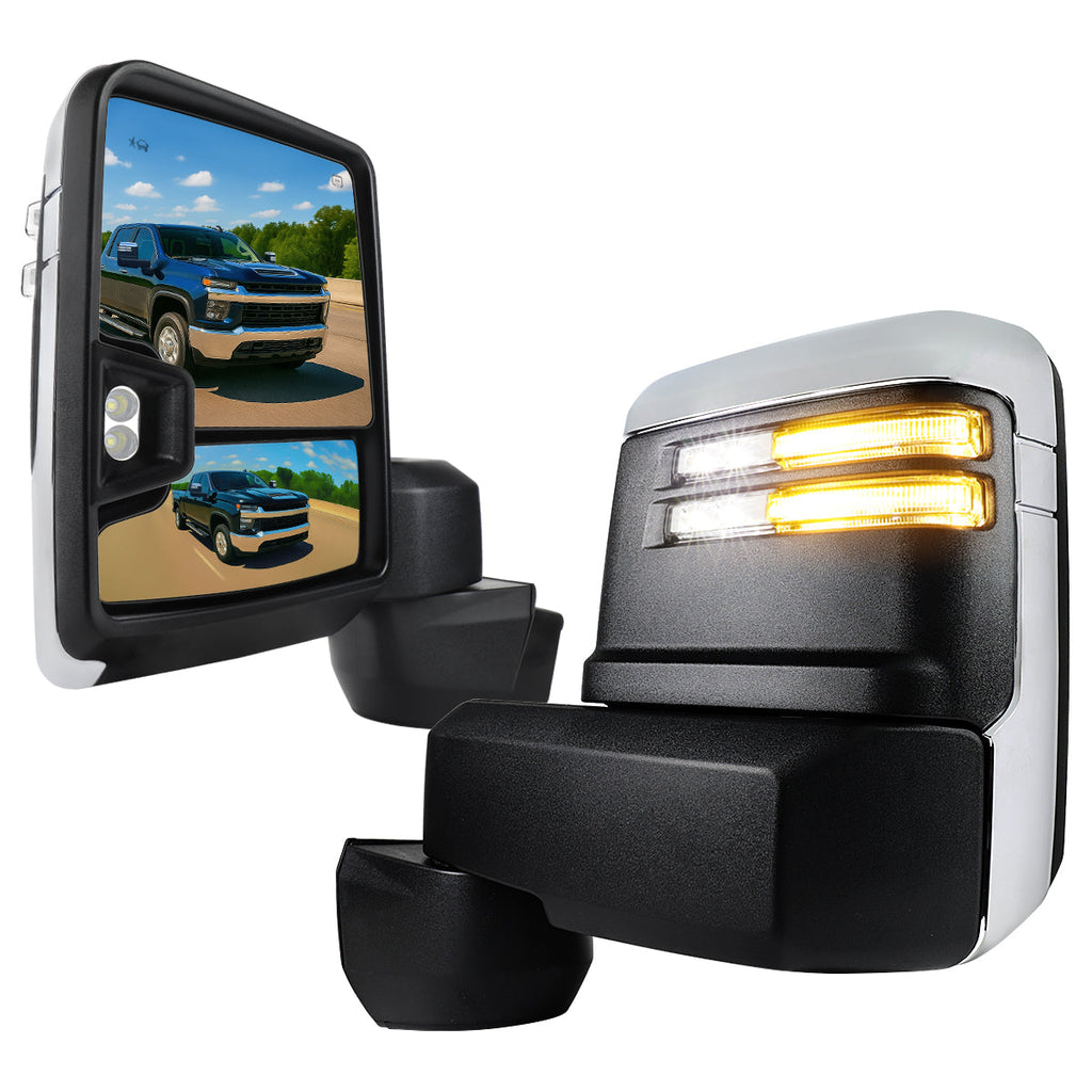 2020-2025 Chevrolet Silverado/GMC Sierra 2500HD/3500HD Power Adjustable, Heated, & Manual Extendable Chrome Towing Mirrors w/ Clear Lens LED Turn Signal & Clearance Lights