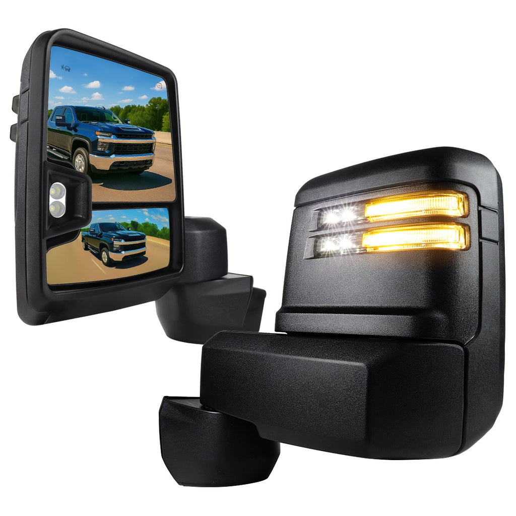 2020-2025 Chevrolet Silverado/GMC Sierra 2500HD/3500HD Power Adjustable, Heated, & Manual Extendable Black Towing Mirrors w/ Smoked Lens LED Turn Signal & Clearance Lights