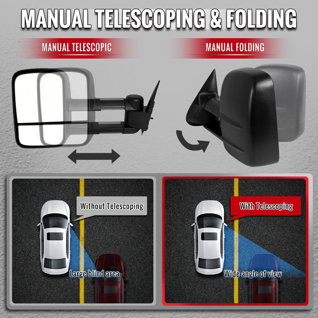 1999-2007 Chevrolet Silverado / Tahoe / Suburban / GMC Sierra / Yukon XL Black  Manual Adjustable & Extendable Black Cover Towing Mirrors