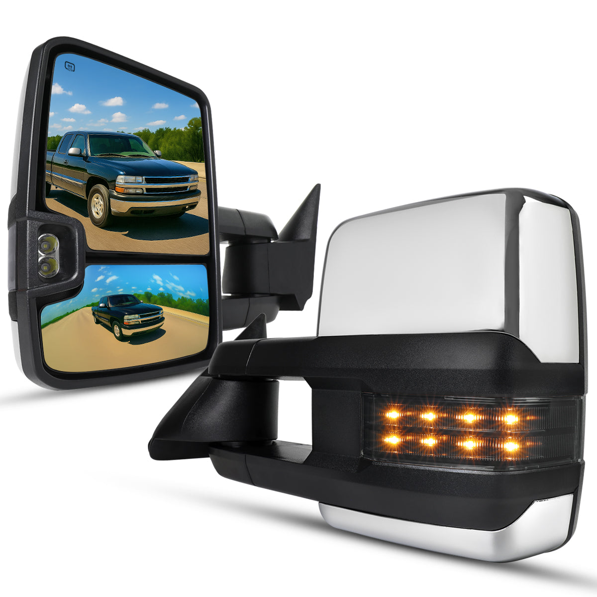 1999-2002 Chevrolet Silverado/Tahoe/Suburban/Avalanche GMC Sierra/Yukon/Yukon XL Power Heated Manual Extendable Chrome Towing Mirrors w/ Smoked Lens LED Turn Signal & Clearance Lights