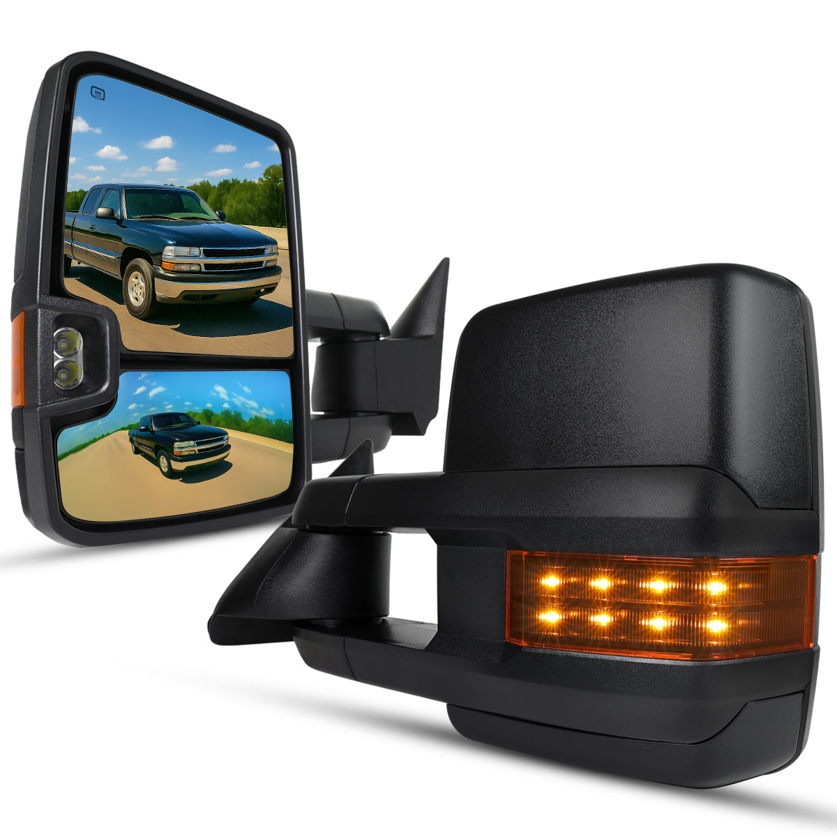 1999-2002 Chevrolet Silverado/Tahoe/Suburban/Avalanche GMC Sierra/Yukon/Yukon XL Power Heated Manual Extendable Towing Mirrors w/ Amber Lens LED Turn Signal & Clearance Lights