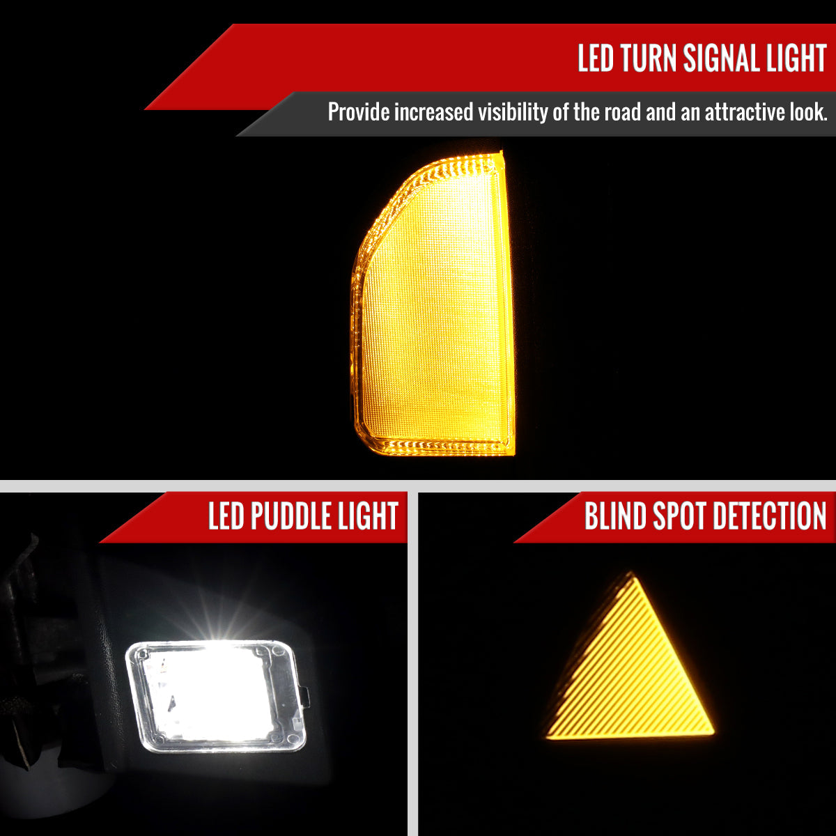 2016-2022 Nissan Titan Power Adjustable, BSM, & Manually Extendable Black Towing Mirrors with Clear Lens LED Turn Signal & Puddle Lights