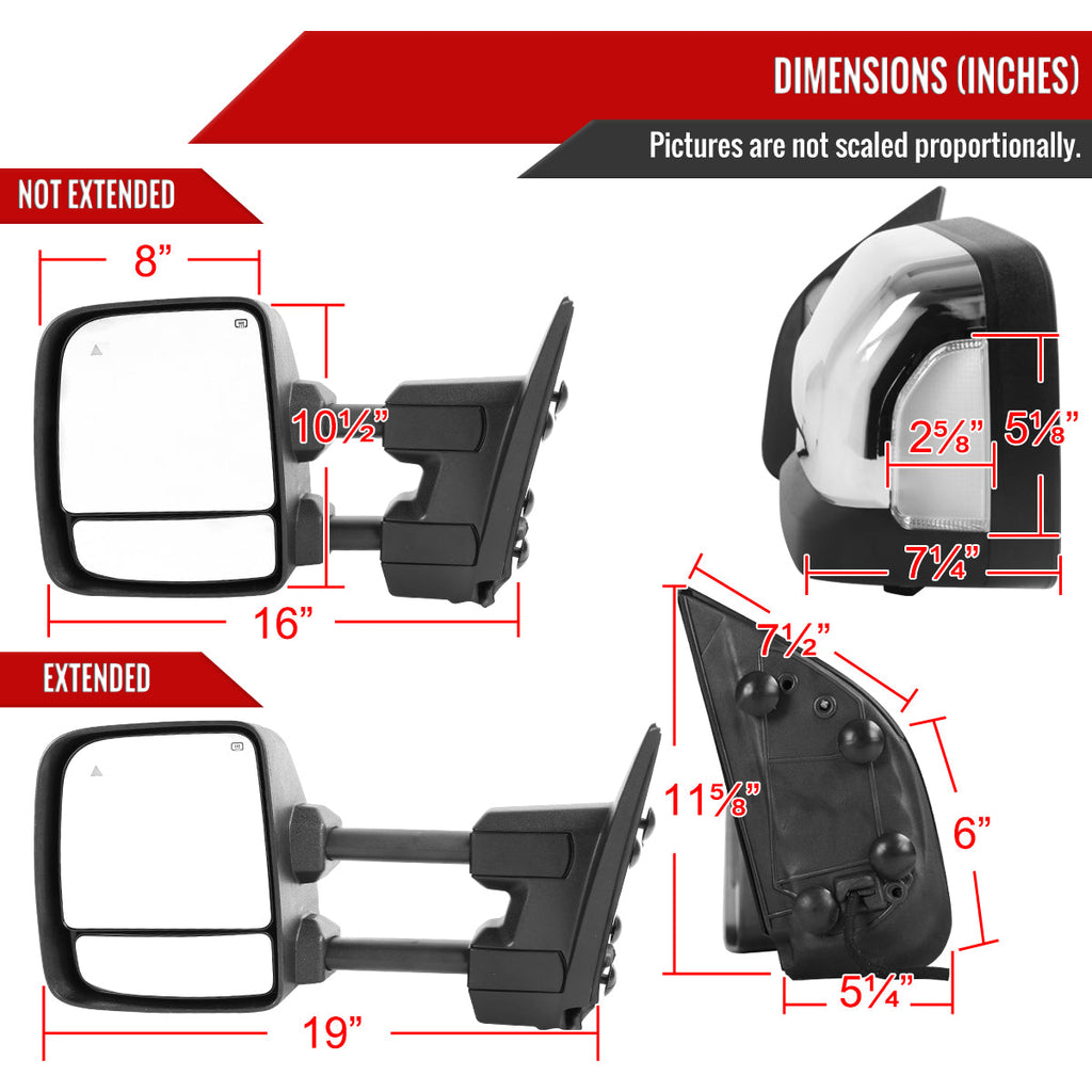 2016-2022 Nissan Titan Power Adjustable, BSM, Memory Fuction, & Manually Extendable Chrome Towing Mirrors with Clear Lens LED Turn Signal & Puddle Lights