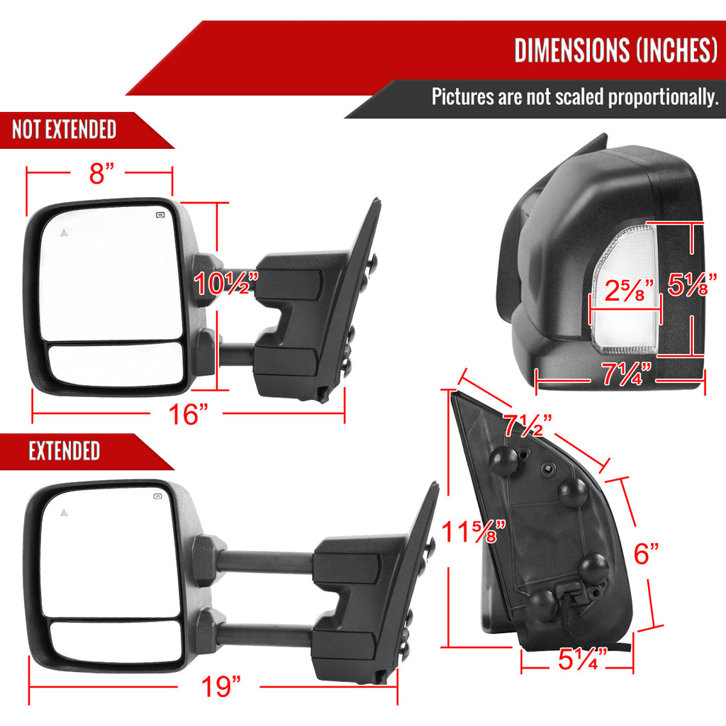 2016-2022 Nissan Titan Power Adjustable, BSM, Memory Fuction, & Manually Extendable Black Towing Mirrors with Clear Lens LED Turn Signal & Puddle Lights