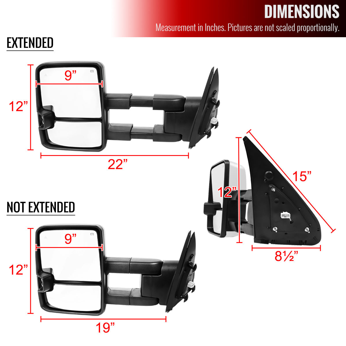 2007-2017 Toyota Tundra/ 2008-2017 Sequoia Chrome Power Heated BSM Manual Extendable Towing Mirrors w/ Smoked Lens LED Turn Signal & Clearance Lights