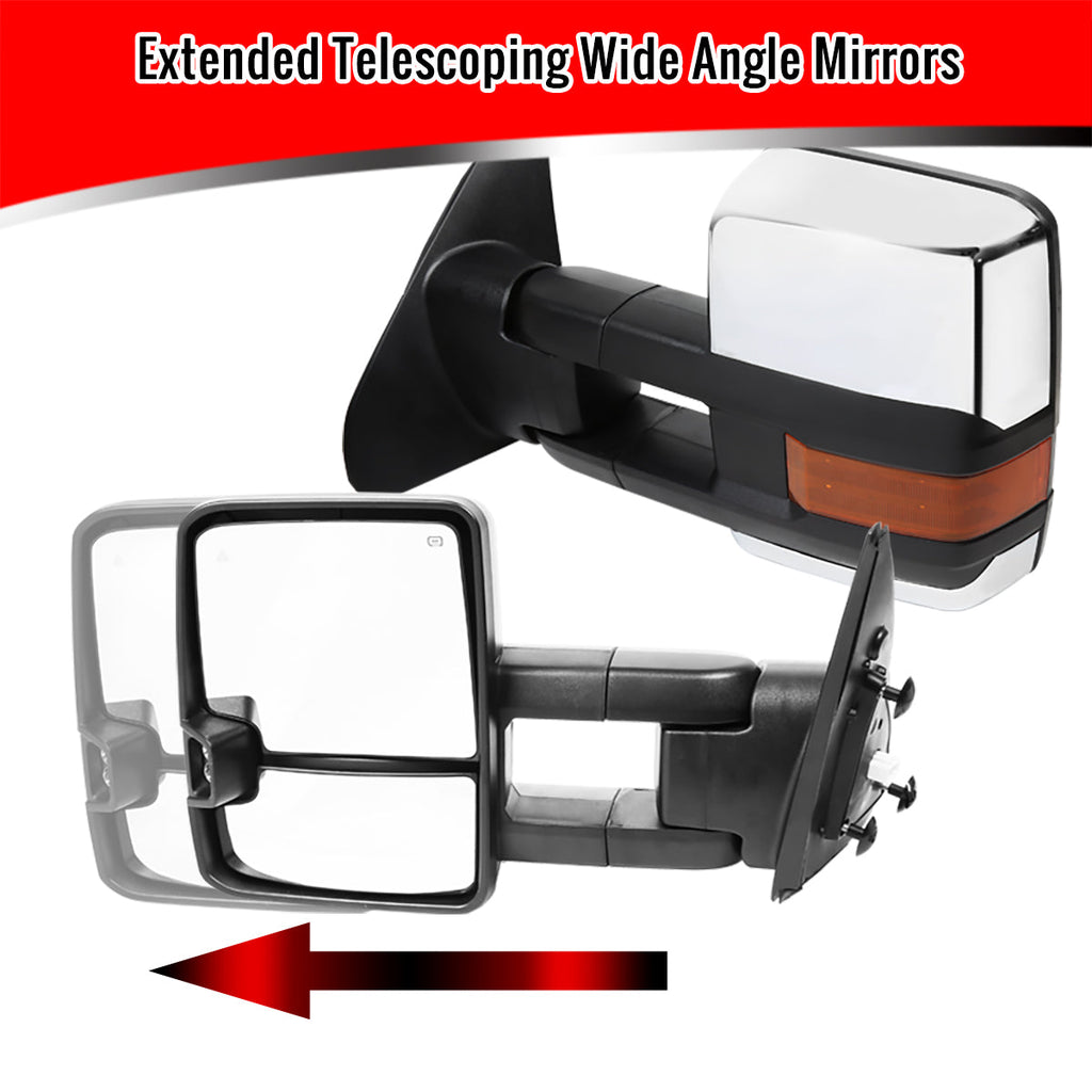 2007-2017 Toyota Tundra/ 2008-2017 Sequoia Chrome Power Heated BSM Manual Extendable Towing Mirrors w/ Amber Lens LED Turn Signal & Clearance Lights