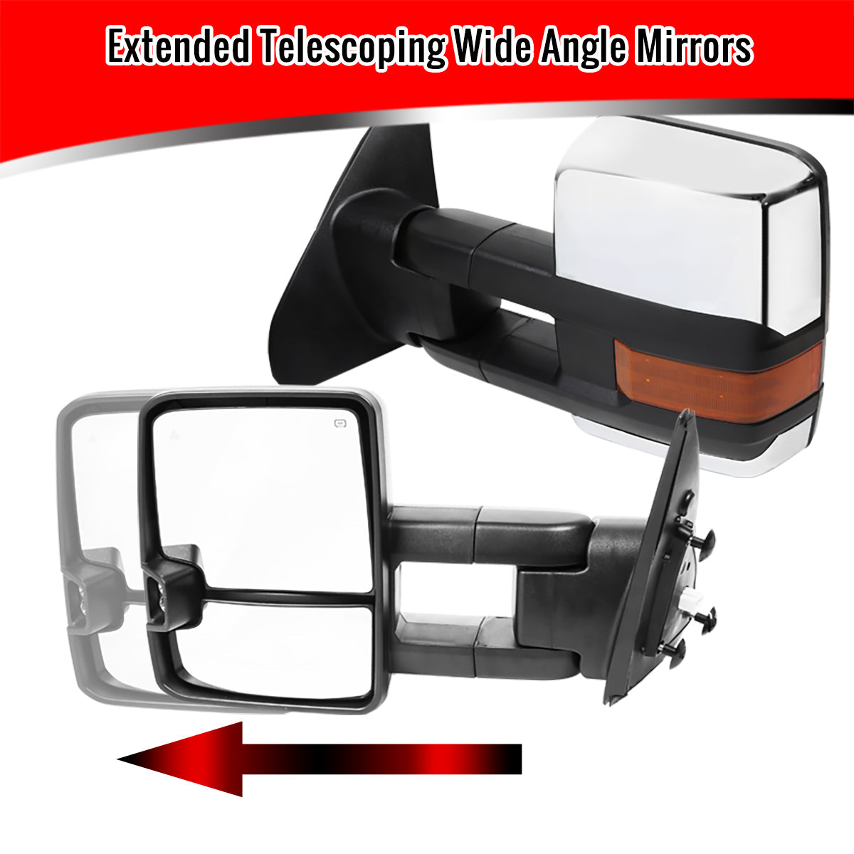 2007-2017 Toyota Tundra/ 2008-2017 Sequoia Chrome Power Heated BSM Manual Extendable Towing Mirrors w/ Amber Lens LED Turn Signal & Clearance Lights
