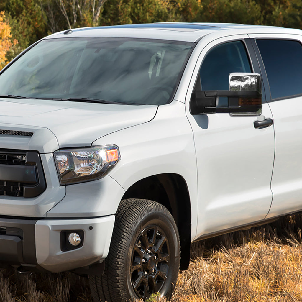 2007-2017 Toyota Tundra/ 2008-2017 Sequoia Chrome Power Heated BSM Manual Extendable Towing Mirrors w/ Amber Lens LED Turn Signal & Clearance Lights