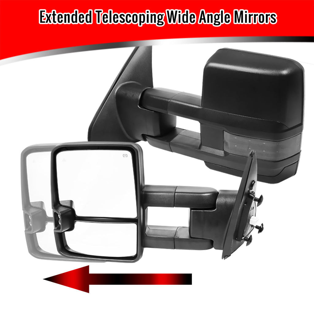 2007-2017 Toyota Tundra/ 2008-2017 Sequoia Power Heated BSM Manual Extendable Towing Mirrors w/ Smoked Lens LED Turn Signal & Clearance Lights