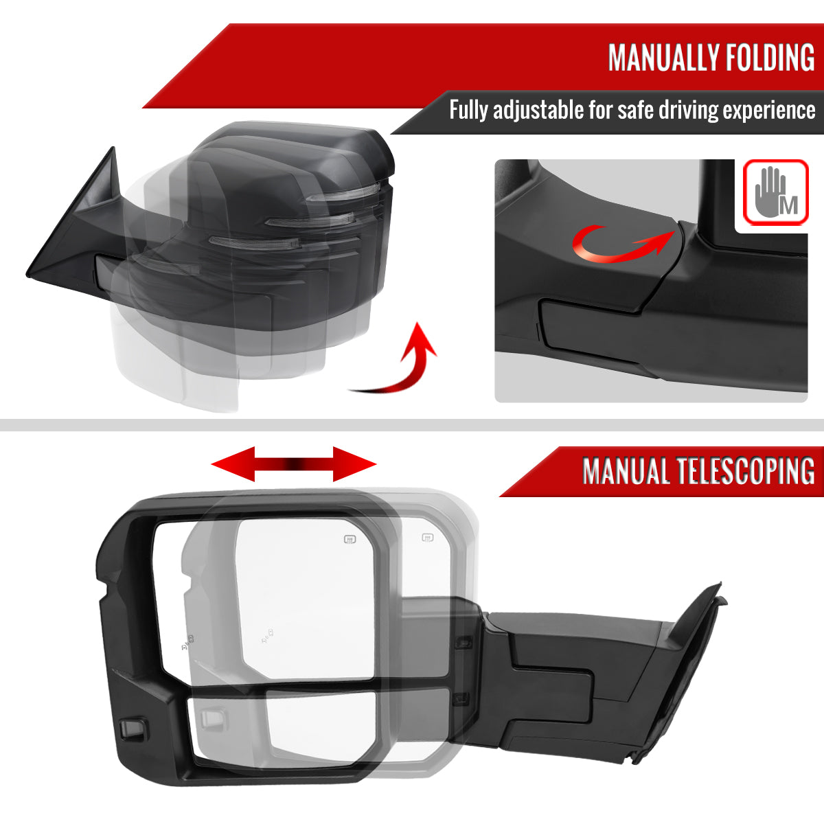 2022-2024 Toyota Tundra Matte Black Power Power Plane Mirror w/ Manual Convex Mirror, Manual Fold & Rotate, BSD, Heated Plane Mirror and LED Turn Signal Light