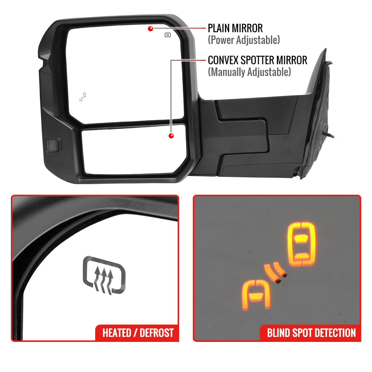 2022-2024 Toyota Tundra Matte Black Power Power Plane Mirror w/ Manual Convex Mirror, Manual Fold & Rotate, BSD, Heated Plane Mirror and LED Turn Signal Light