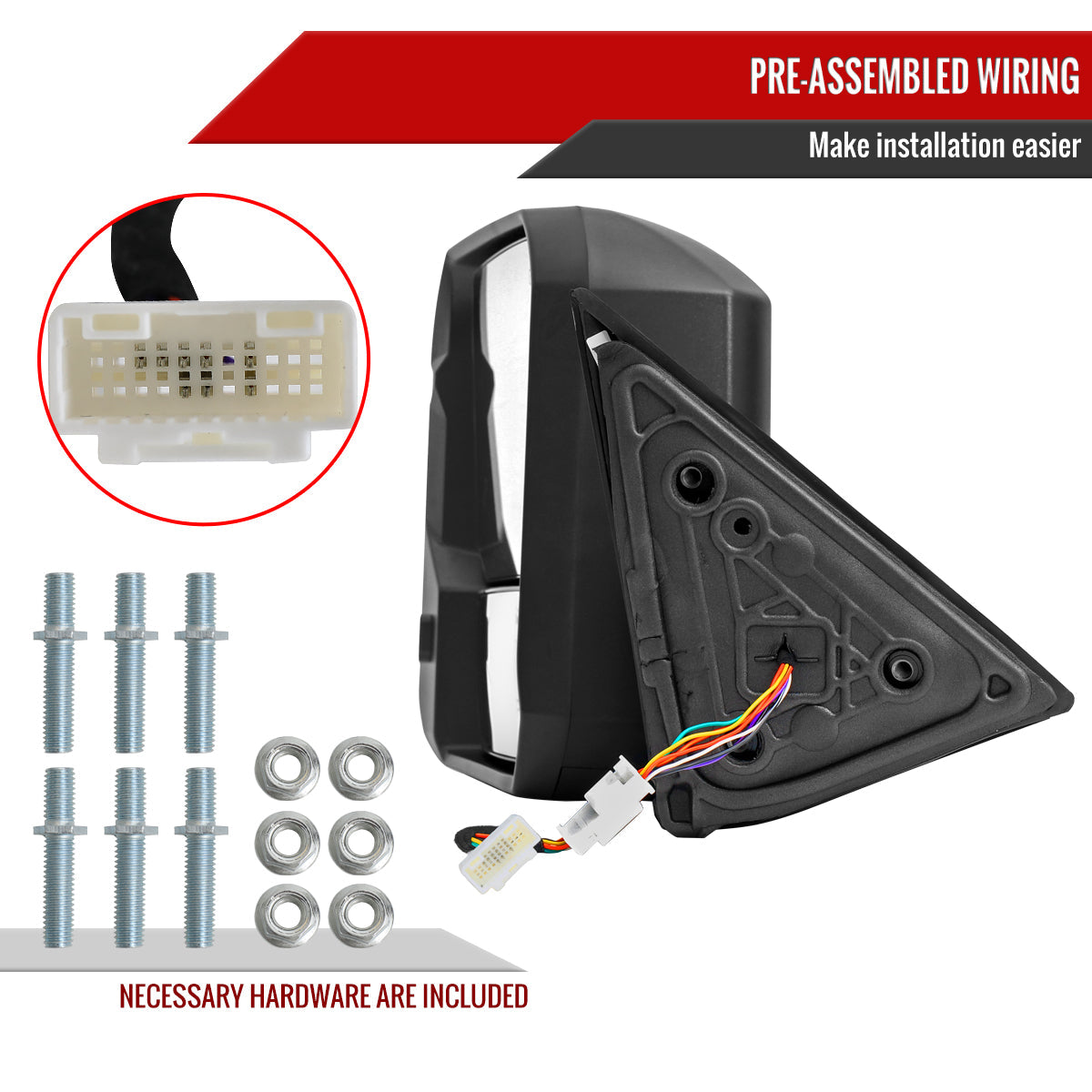 2022-2024 Toyota Tundra Matte Black Power Power Plane Mirror w/ Manual Convex Mirror, Manual Fold & Rotate, BSD, Heated Plane Mirror and LED Turn Signal Light