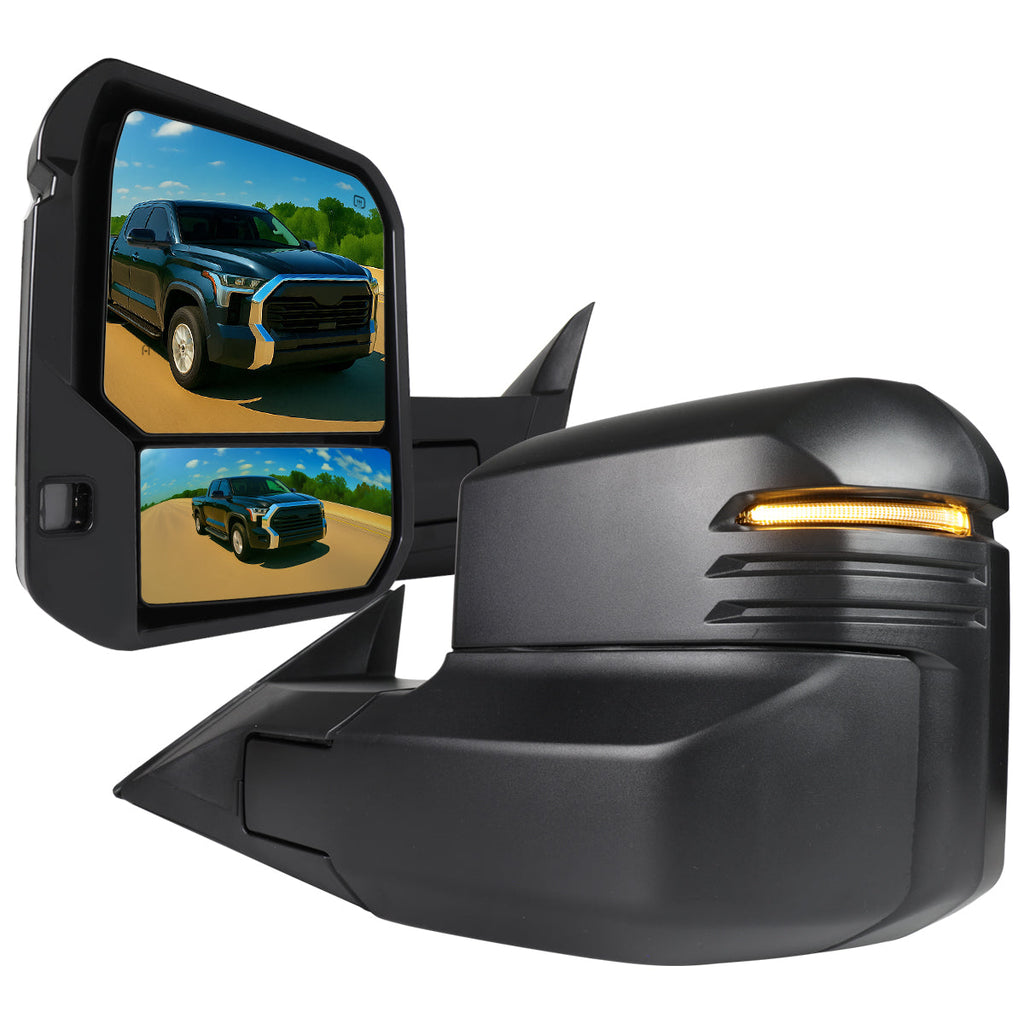 2022-2024 Toyota Tundra Matte Black Power Power Plane Mirror w/ Manual Convex Mirror, Manual Fold & Rotate, BSD, Heated Plane Mirror and LED Turn Signal Light