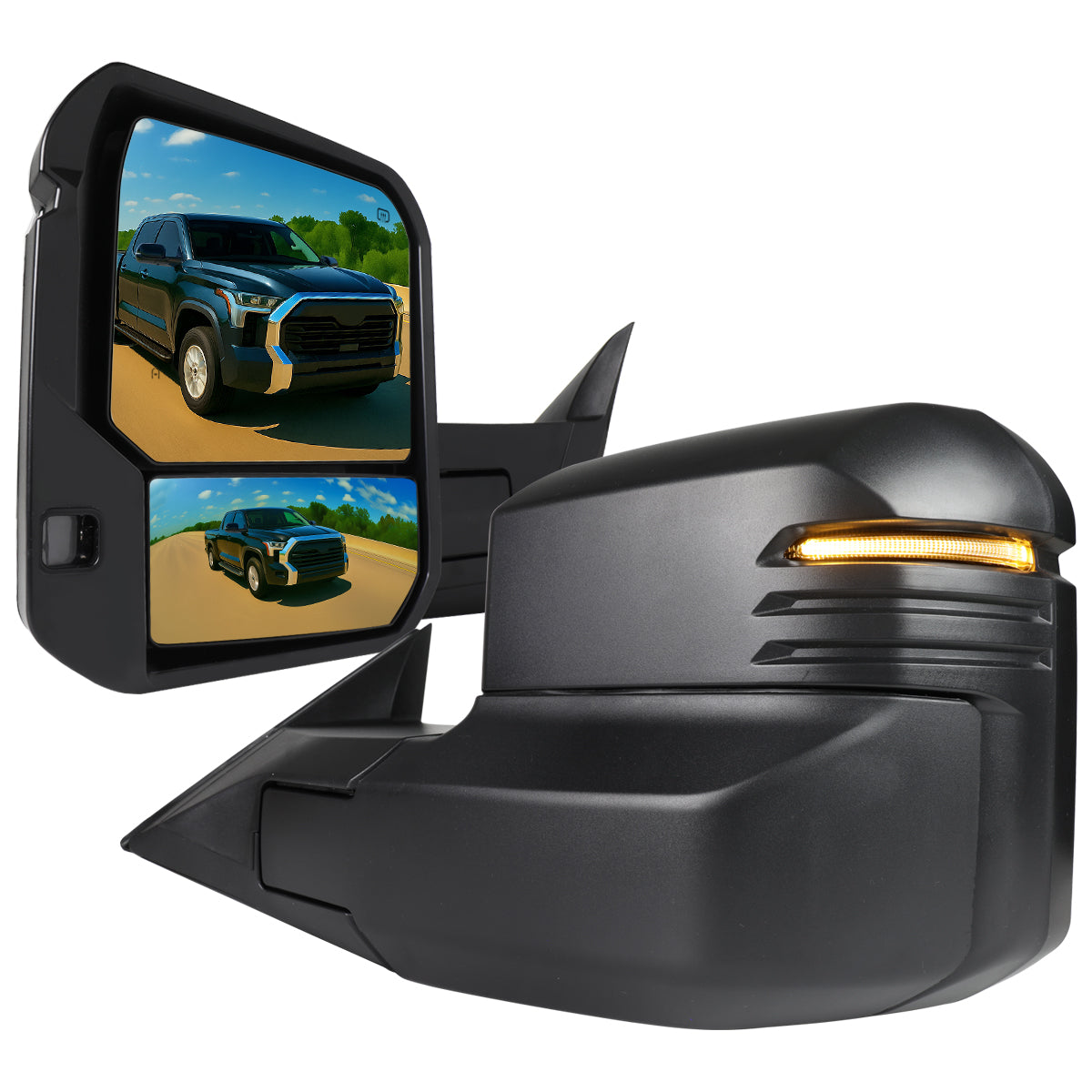 2022-2024 Toyota Tundra Matte Black Power Power Plane Mirror w/ Manual Convex Mirror, Manual Fold & Rotate, BSD, Heated Plane Mirror and LED Turn Signal Light