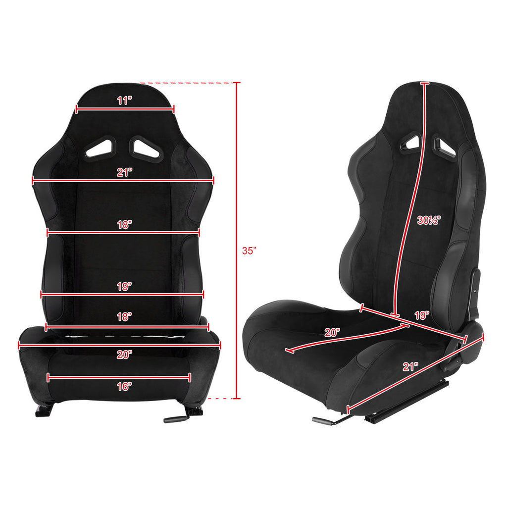 Fully Reclinable Black Suede Stitch Bucket Racing Seat w/ Sliders - Driver Side Only