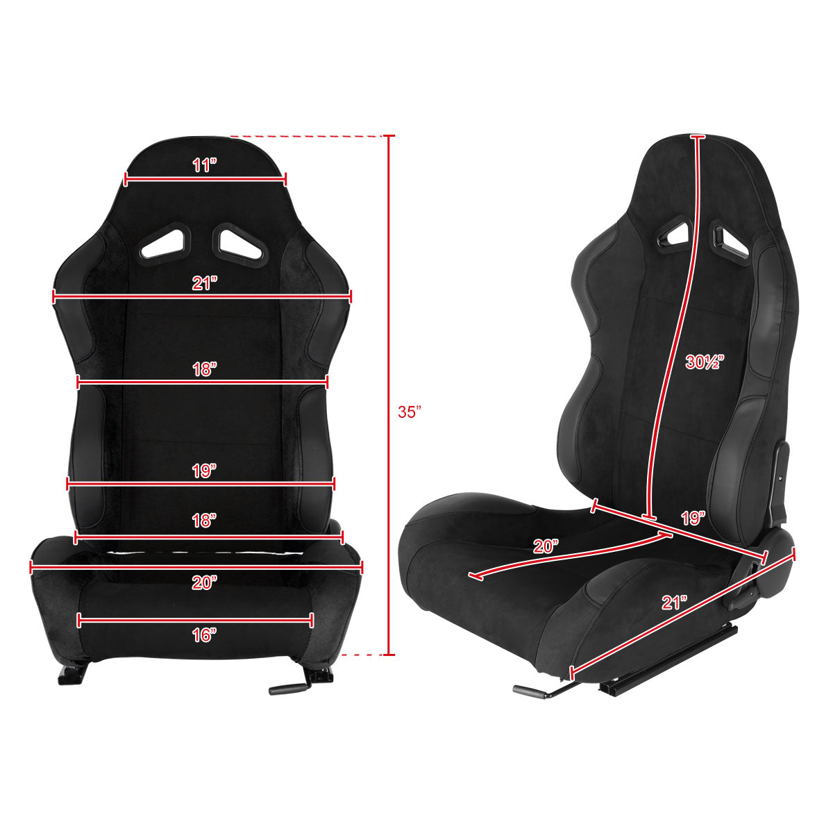 Fully Reclinable Black Suede Stitch Bucket Racing Seat w/ Sliders - Driver Side Only