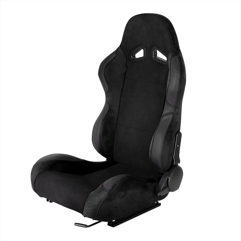 Fully Reclinable Black Suede Stitch Bucket Racing Seat w/ Sliders - Driver Side Only