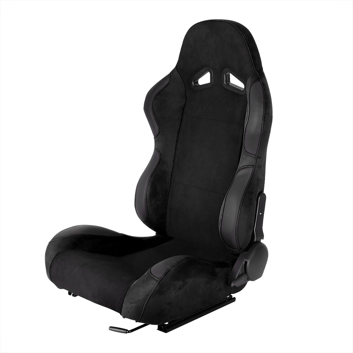 Fully Reclinable Black Suede Stitch Bucket Racing Seat w/ Sliders - Driver Side Only