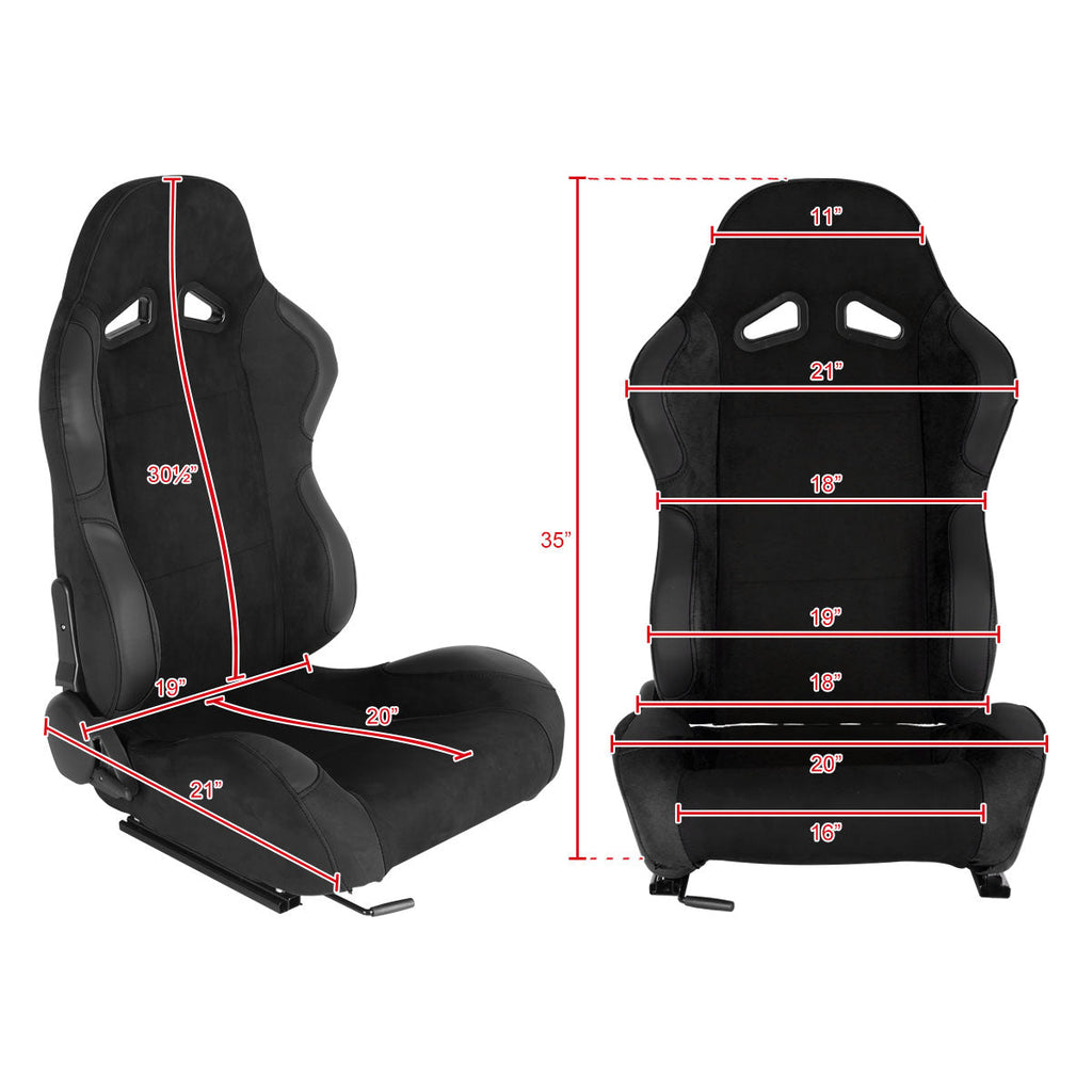 Fully Reclinable Black Suede Stitch Bucket Racing Seat w/ Sliders - Passenger Side Only
