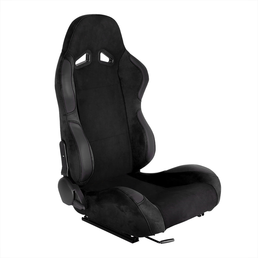 Fully Reclinable Black Suede Stitch Bucket Racing Seat w/ Sliders - Passenger Side Only