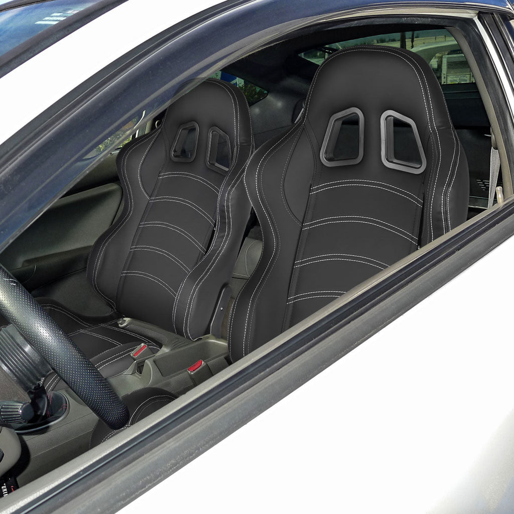 Fully Reclinable Black PVC Leather Bucket Racing Seat w/ Sliders - Driver Side Only