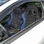 Fully Reclinable Black & Blue PVC Leather Bucket Racing Seat w/ Sliders - Passenger Side Only