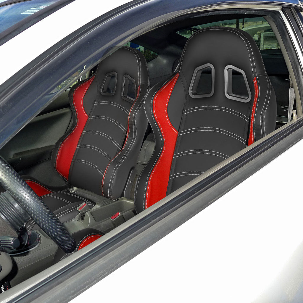 Fully Reclinable Black & Red PVC Leather Bucket Racing Seat w/ Sliders - Driver Side Only