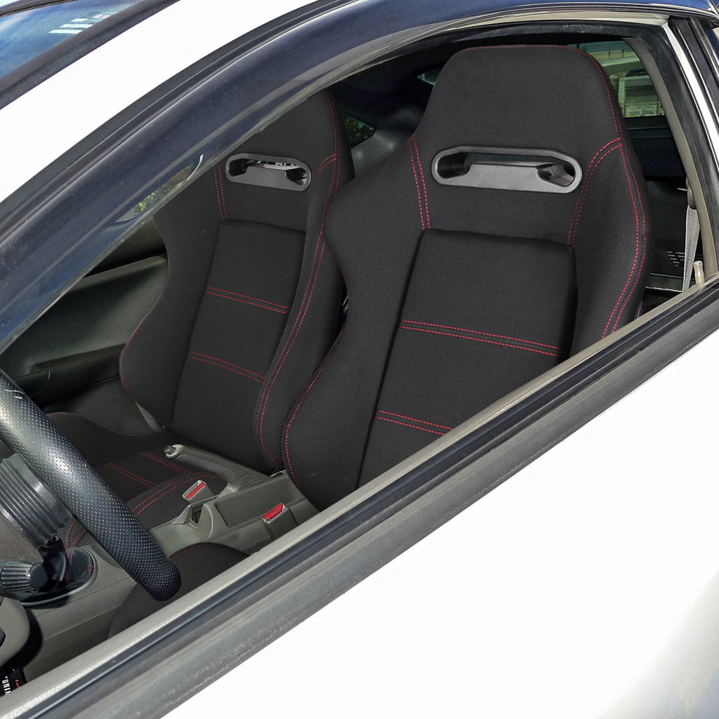 Fully Reclinable Black Cloth Bucket Racing Seat w/ Sliders - Passenger Side Only